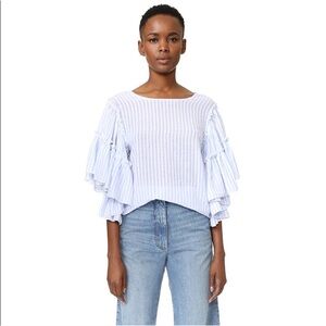 Style Mafia Top “Finn" Striped Ruffle Boho Style Blouse, white and blue